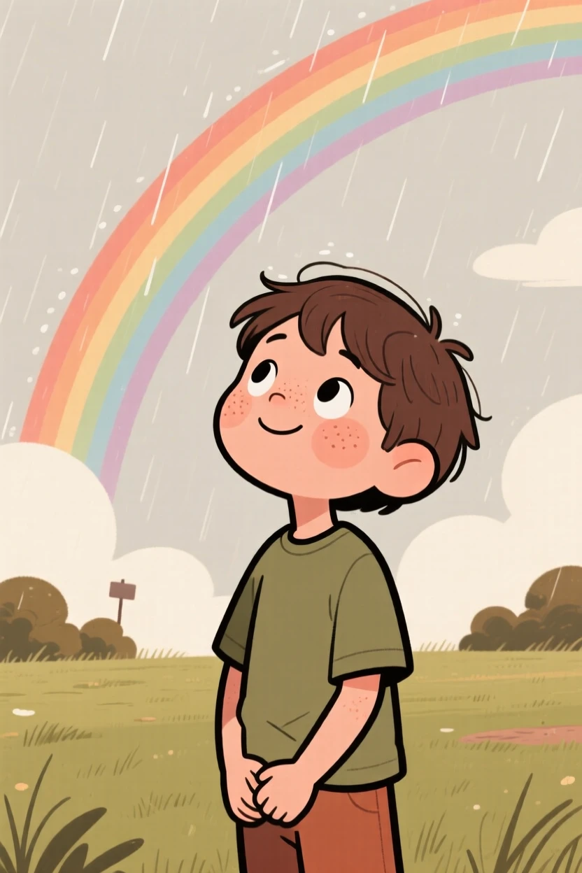 A curious teenager looks up in quiet wonder at a rainbow after the rain, a soft smile spreading across their face as a feeling of gratitude settles over the scene.