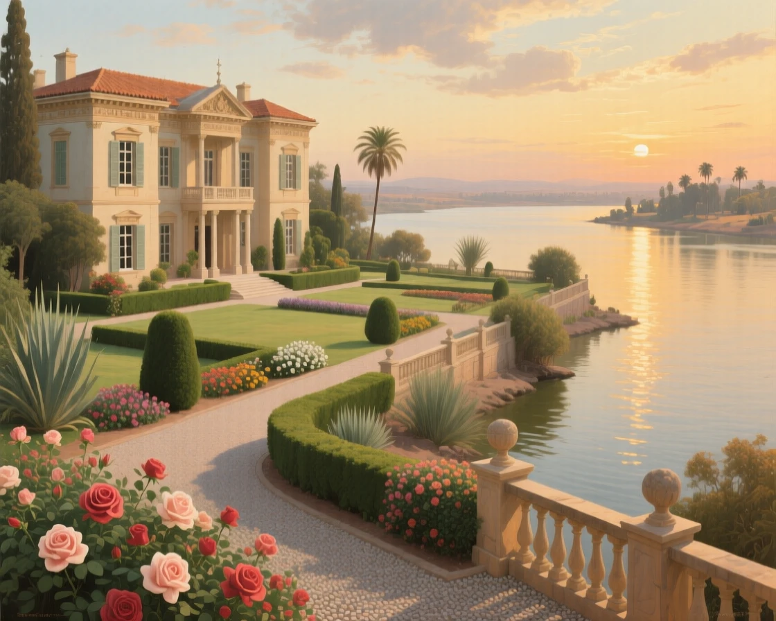 A panoramic view of a grand estate house framed by manicured gardens, along the Nile in Egypt, in the mid-20th century, in late afternoon.