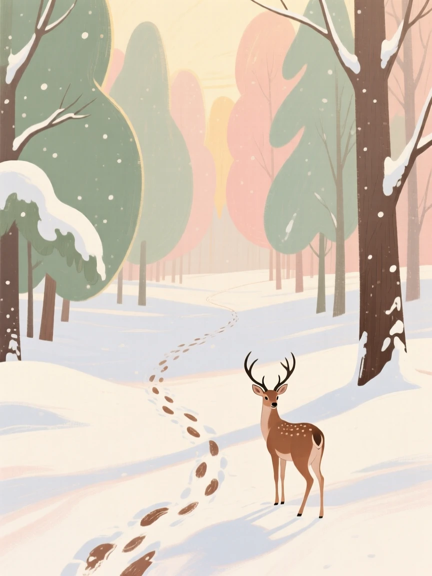 A winter forest path where deer tracks cross fresh fallen snow
