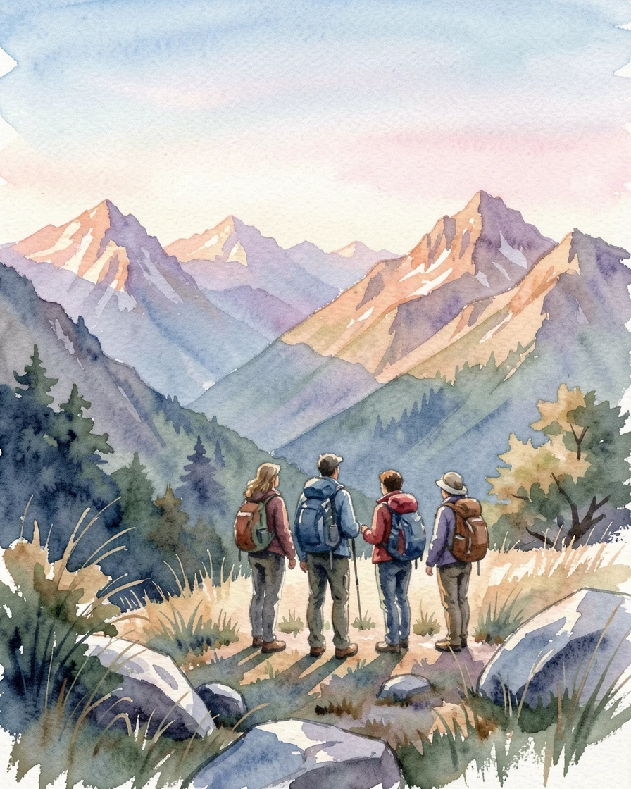 A group of hikers pausing to admire a mountain view in a relaxed, unhurried setting.