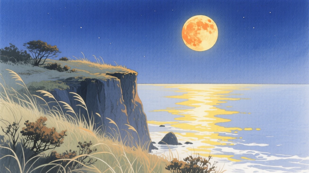 A breathtaking view of a windswept coastal cliff under a full harvest moon, with reflections shimmering across still water
