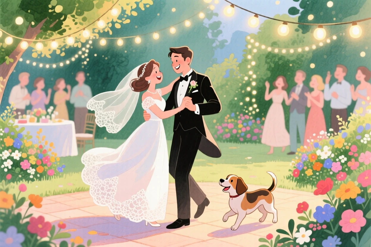 A wedding couple dancing under string lights at their reception, in a garden reception decorated with fairy lights and flowers, with a pet weaving happily through everyone's feet, evoking romantic joy and celebration.