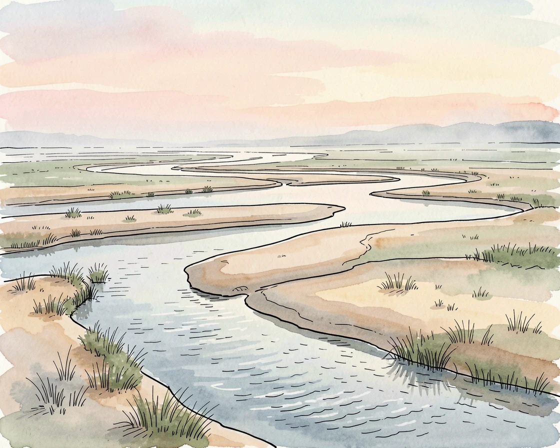A wide river delta braided with sandbars at low tide, a soft mist clinging to the low ground as the sun begins to rise.