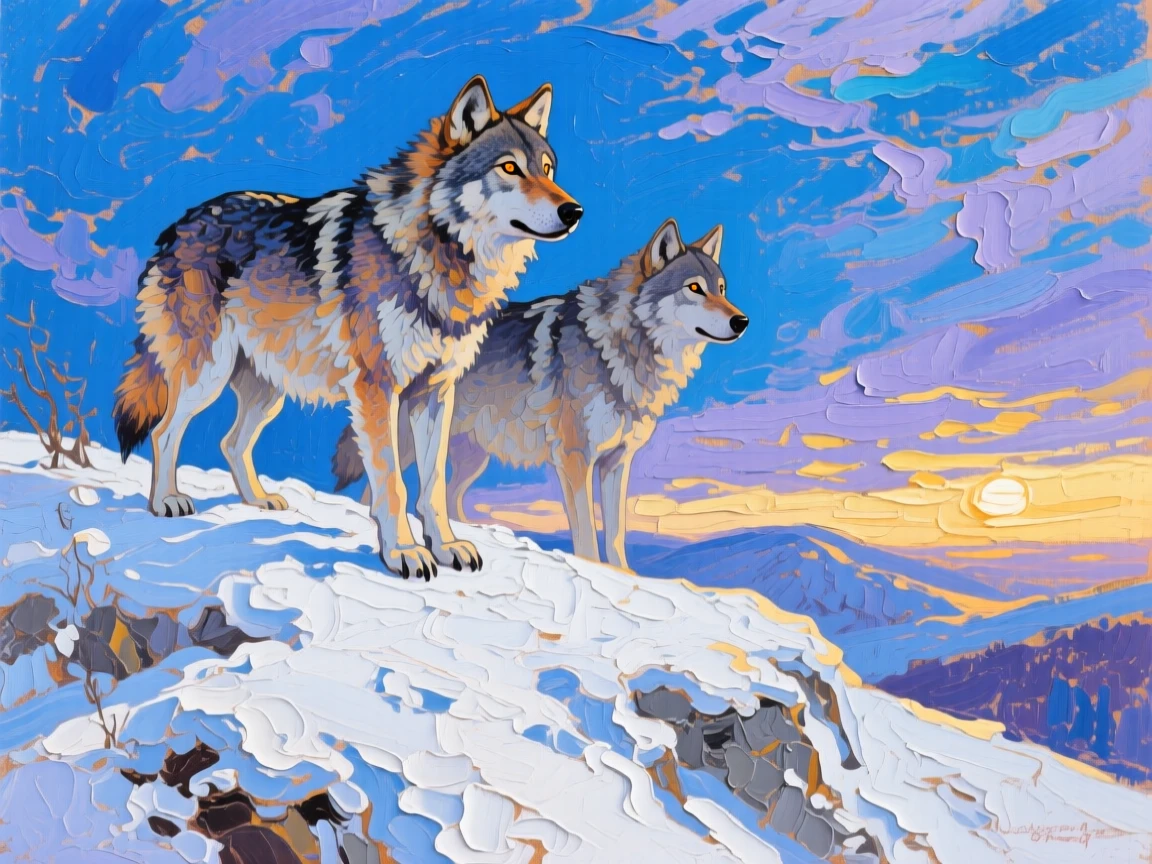 a pair of wolves on a snowy ridge, under a vast open sky, from an inviting eye-level viewpoint.