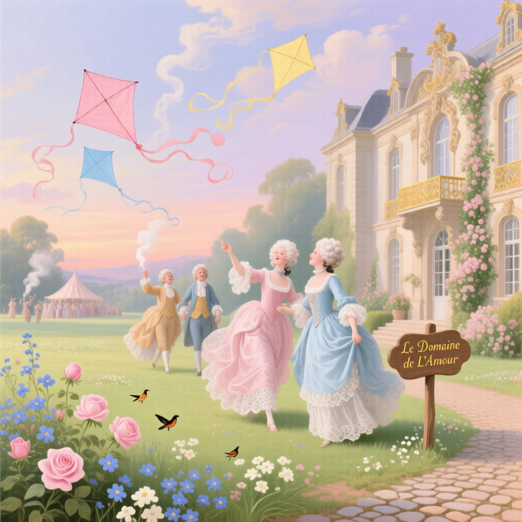 A spring afternoon of kite flying across a meadow beside an elegant manor  