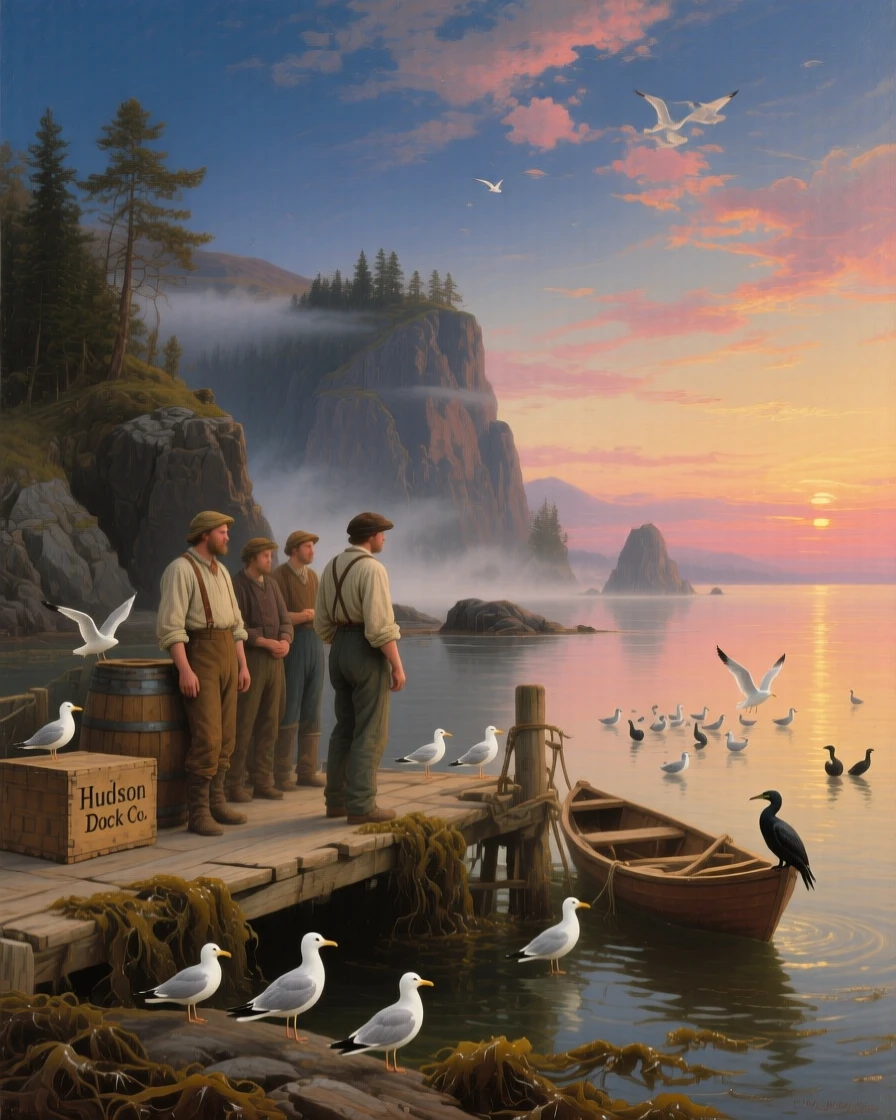 A group of dockworkers waits along an inlet where seabirds gather at the break of dawn.