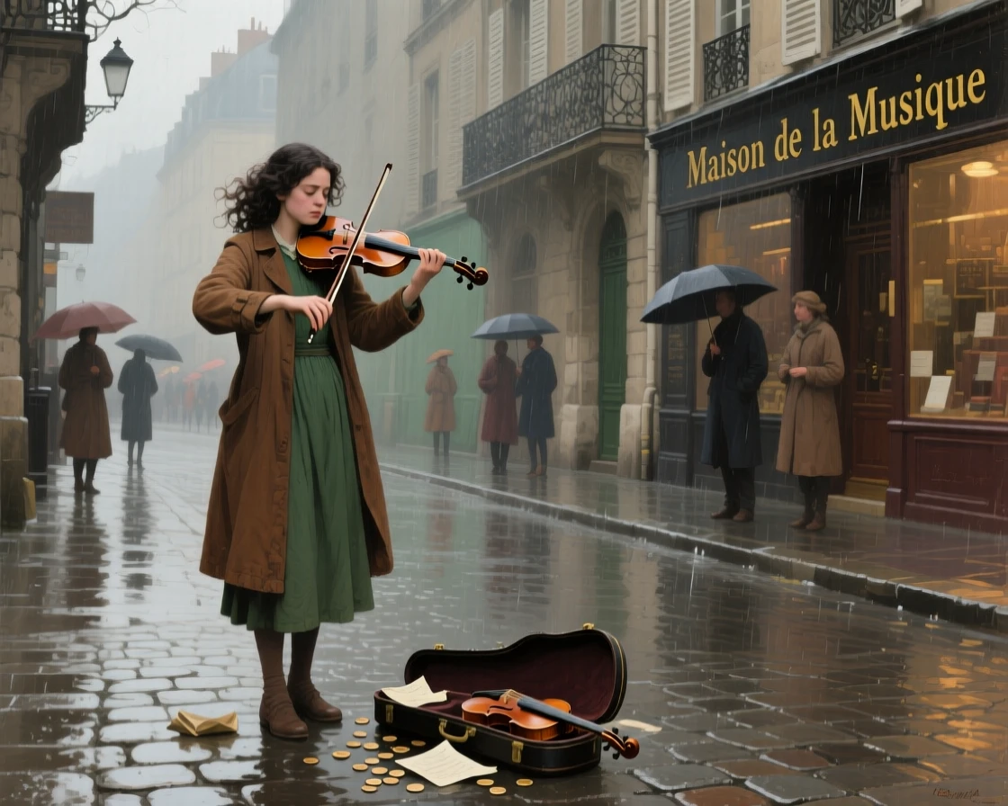 A young violinist performing passionately on a rain-slicked city street, as a gentle breeze catches loose strands of hair, evoking warmth, empathy, and genuine connection