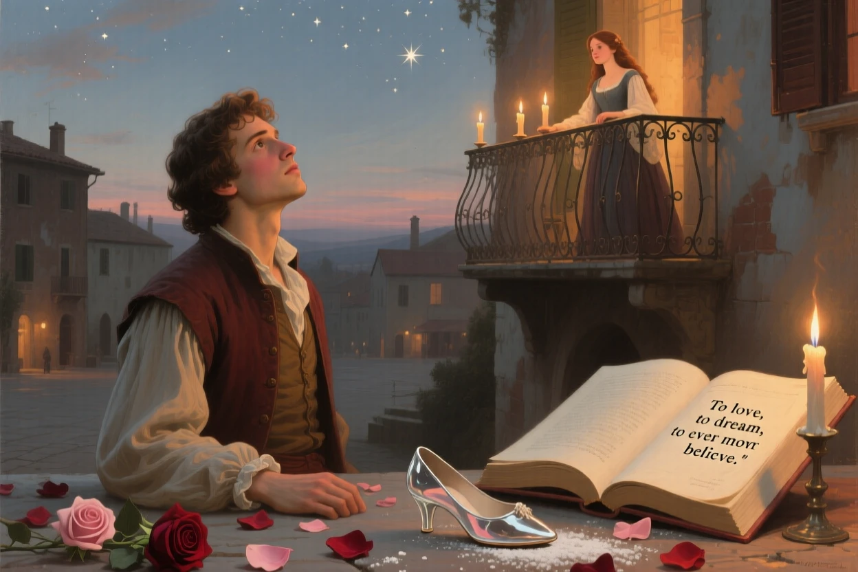 Romeo gazing up toward Juliet's candlelit balcony at the exact moment magic and reality intertwine, set beneath a canopy of stars over a sleepy village square, with scattered rose petals, an open storybook, and a forgotten glass slipper; foreground props hint at the tale without overwhelming the central figure, suggesting the enduring power of myth and memory.
