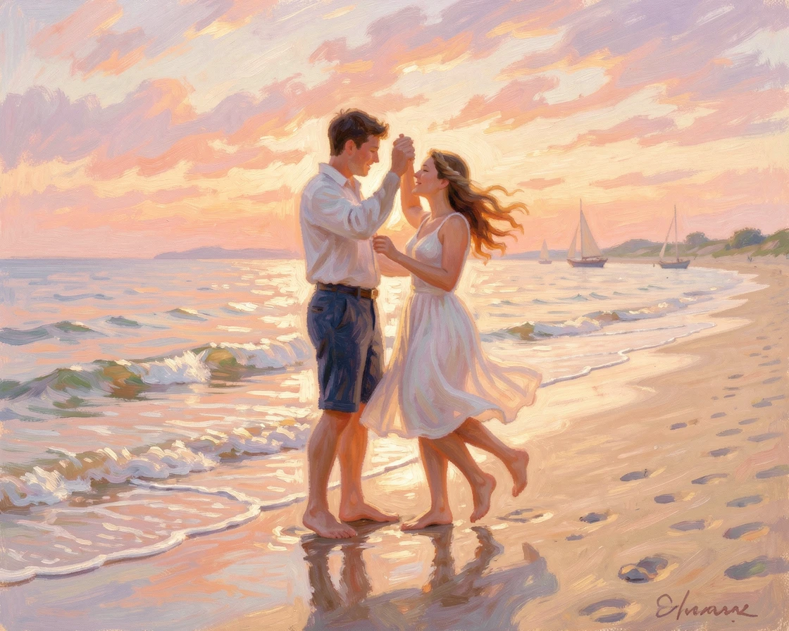 A young couple dancing barefoot on a beach at sunset, waves lapping gently at their feet.