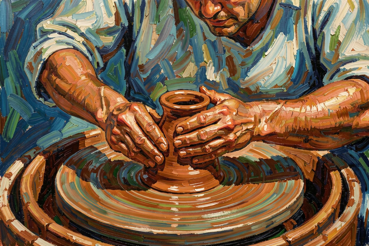 A potter shaping clay on a spinning wheel, hands steady and focused.