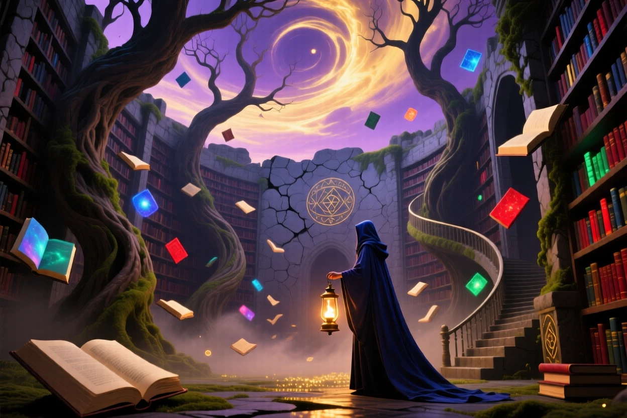 A vast library where books float gently between towering shelves holds its secrets quietly behind crumbling stone walls, while a single figure explores its quiet, echoing halls.
