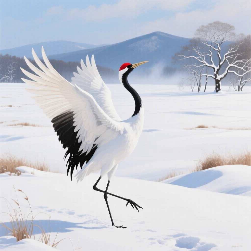 A red-crowned crane performs an elegant courtship dance in a snow-covered field in Hokkaido, wings spread wide against the pristine white landscape, the surrounding habitat rendered in enough detail to suggest a specific time and place.