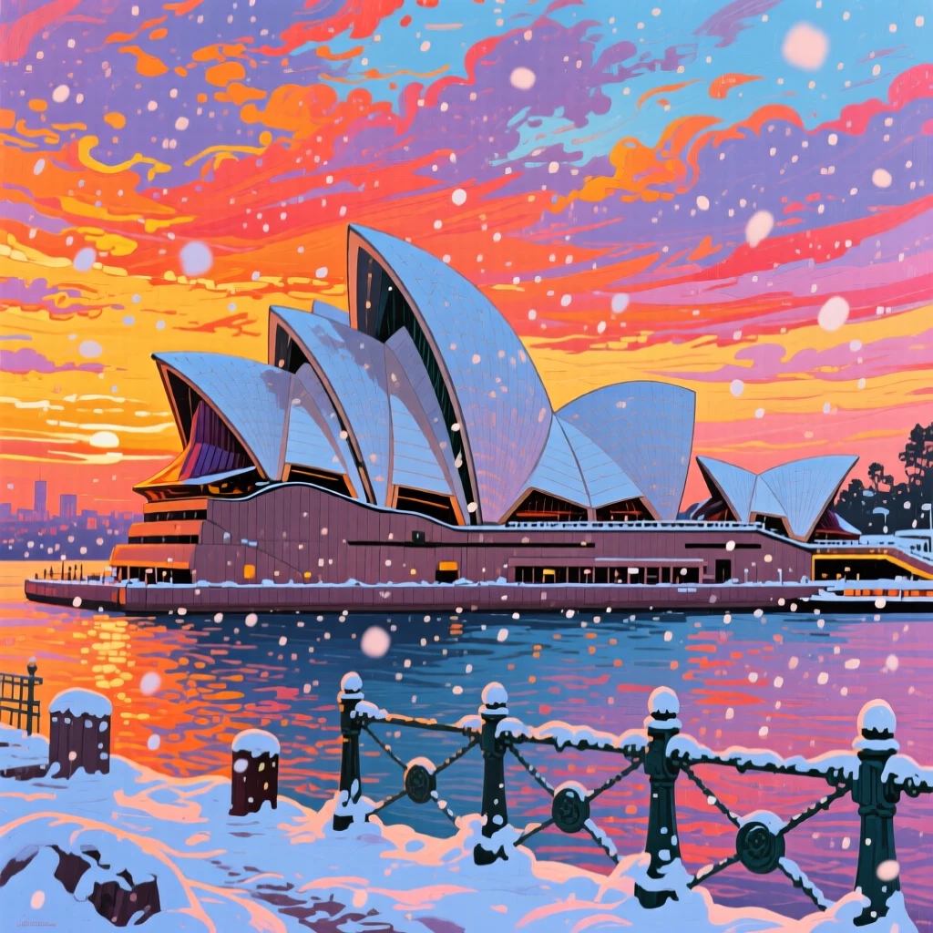 The Sydney Opera House against a vivid harbor sunset, as the first snow of winter begins to fall, snow dusting every surface