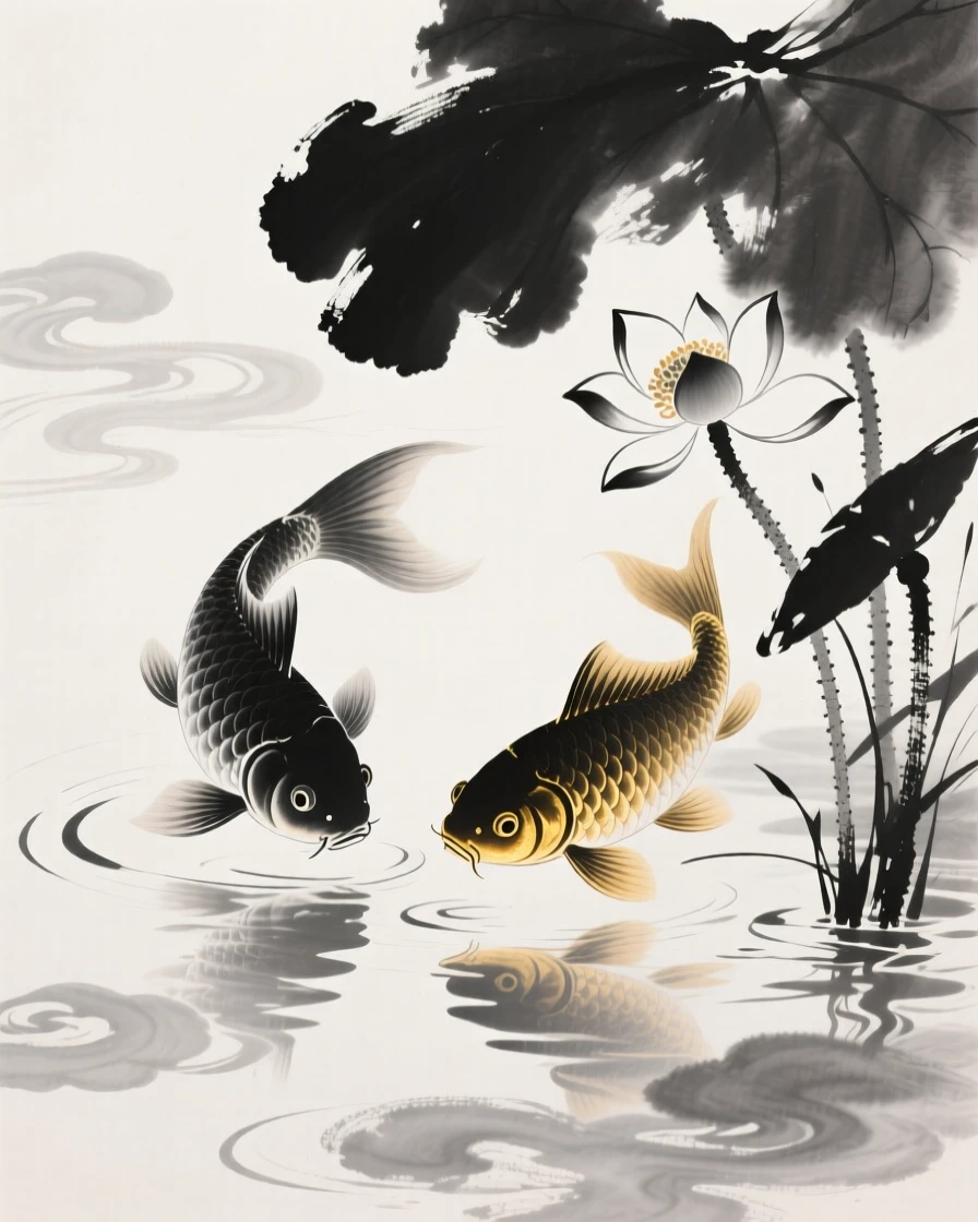 Two goldfish circle slowly around a cluster of water lilies, with the reflection of clouds shimmering on the surface.