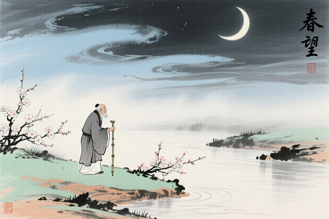 An old man walking with a bamboo staff along a misty riverbank, beneath a crescent moon, as spring blossoms unfold, under a sky streaked with clouds.