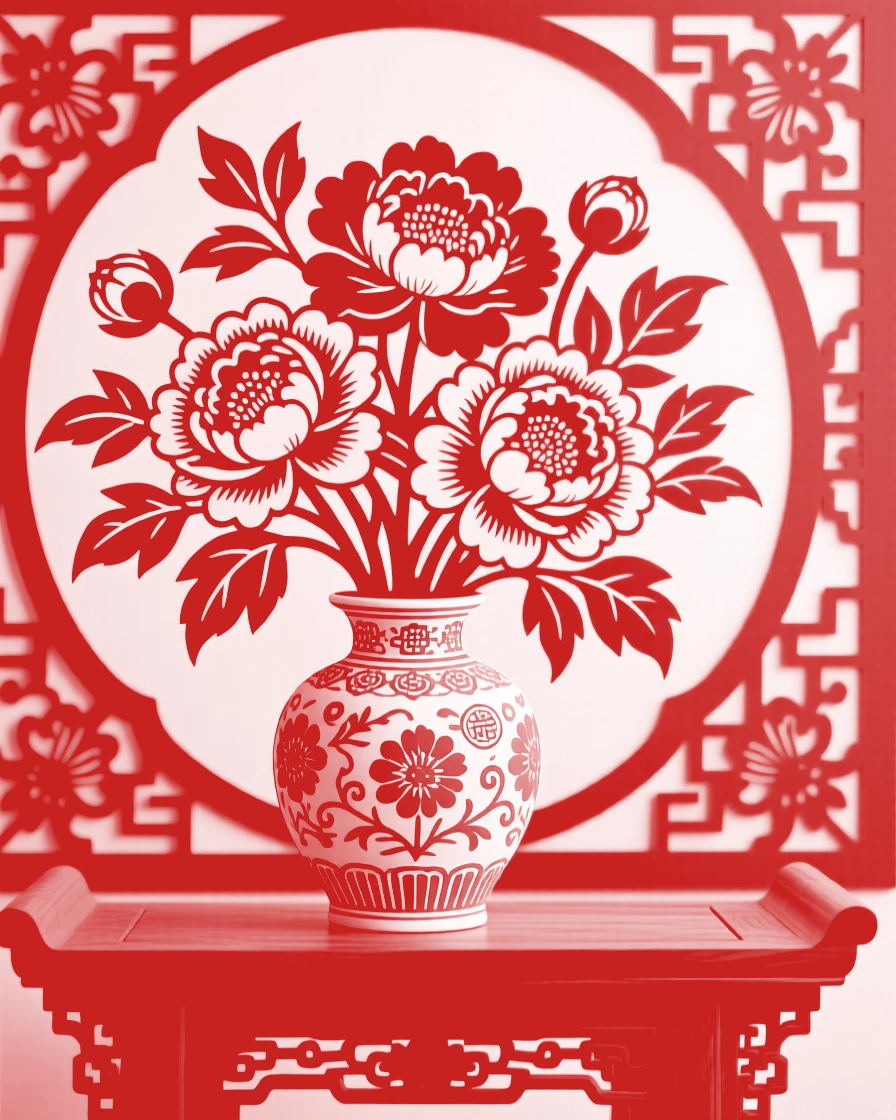 A bouquet of peonies and camellias arranged in an antique porcelain vase on a carved wooden table