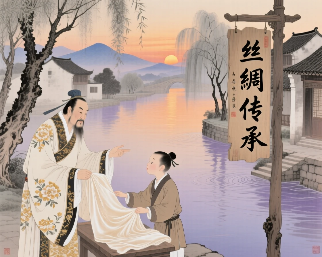 A silk trader teaching a skill to an eager apprentice beside a slow-moving canal at dusk