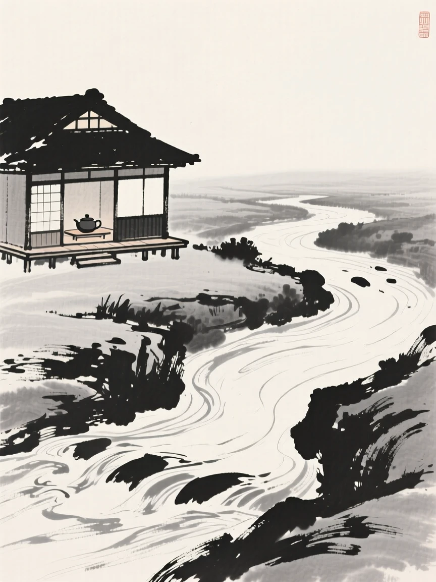 A quiet tea house beside a quiet, meandering river, viewed from below to emphasize its quiet grandeur, conveying quiet reverence for the past.