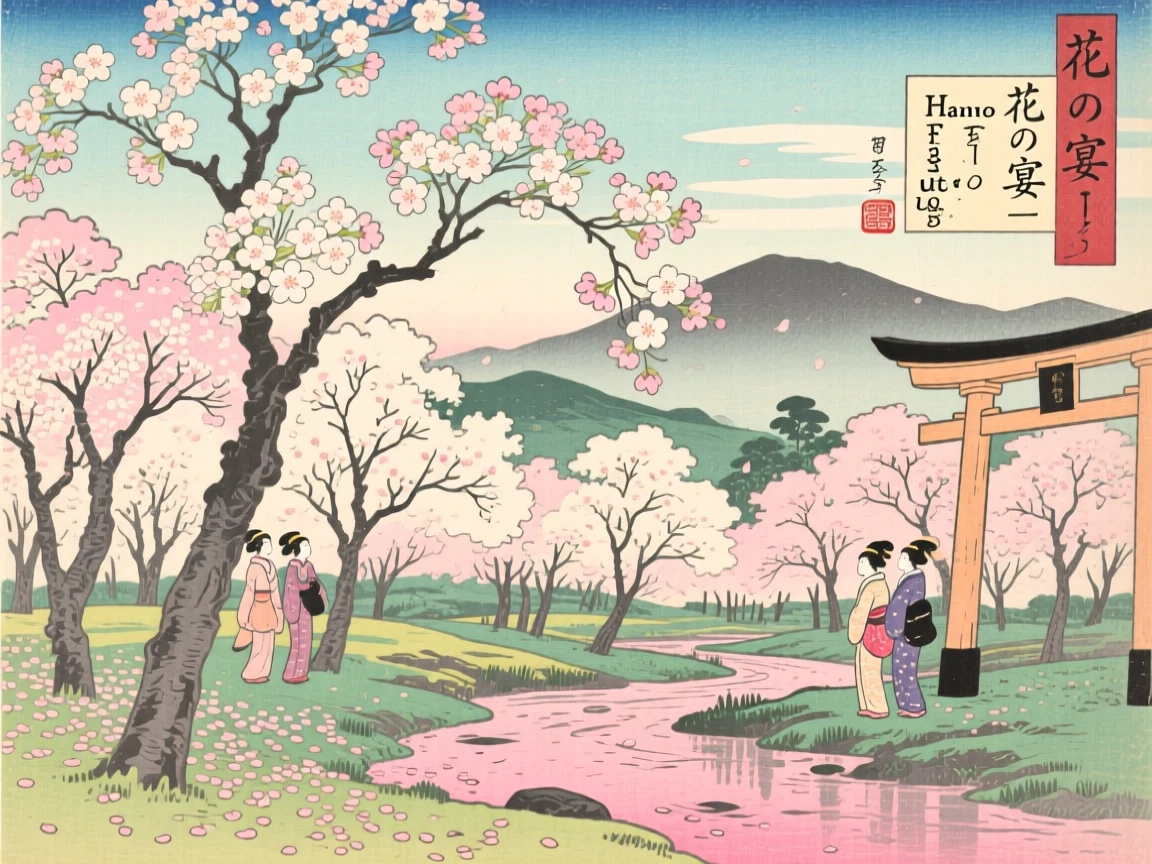A grove of cherry blossom trees in full bloom beneath a canopy of drifting petals.