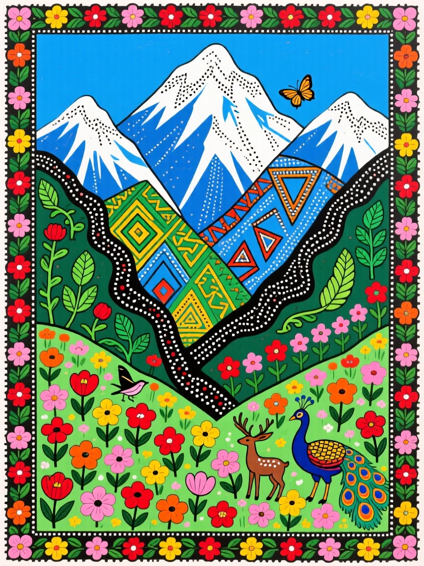 Snow-capped mountains rising above a valley filled with wildflowers.
