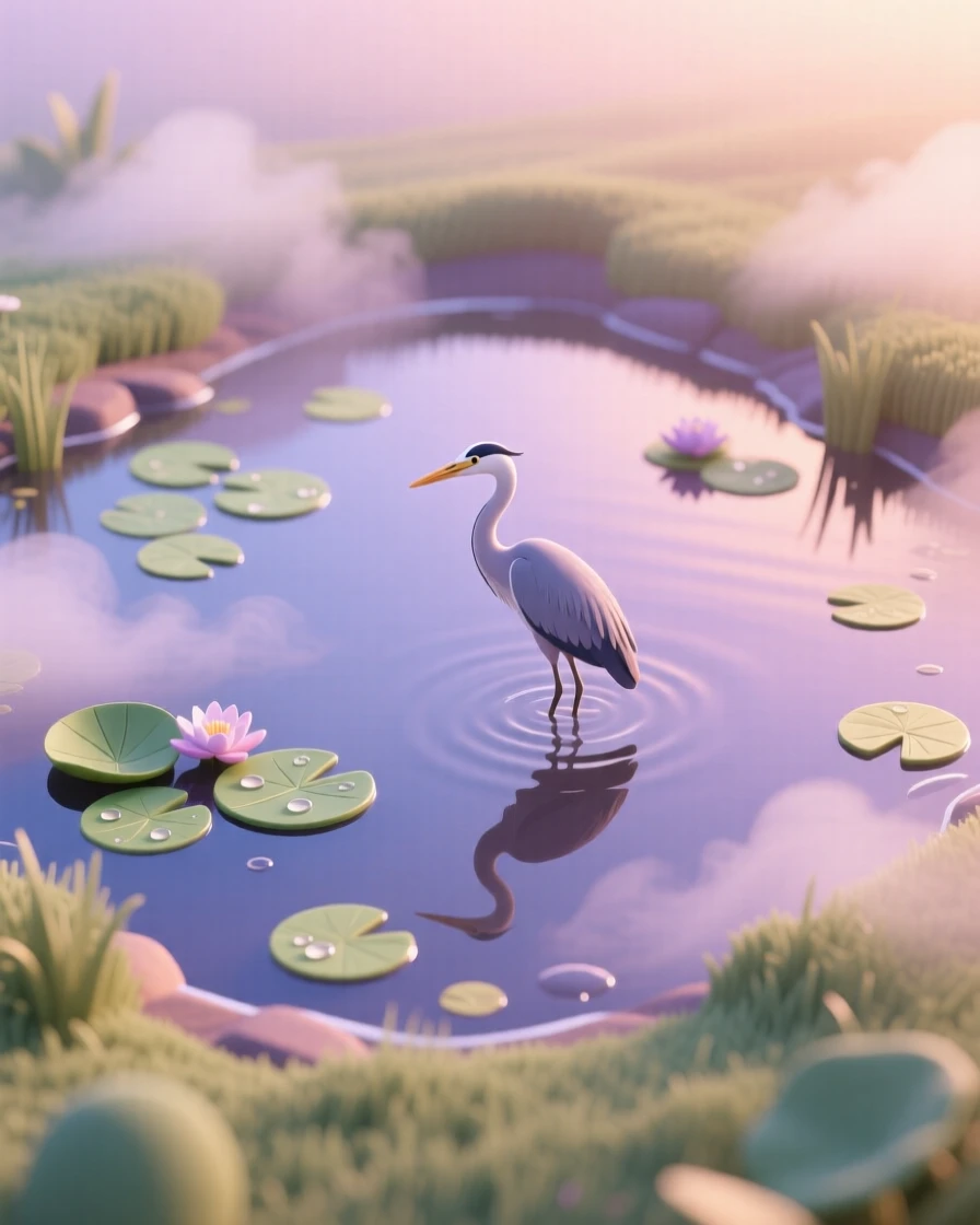 A quiet pond at dawn, lily pads scattered across still water, a heron wading silently, and mist rising gently off the surface.