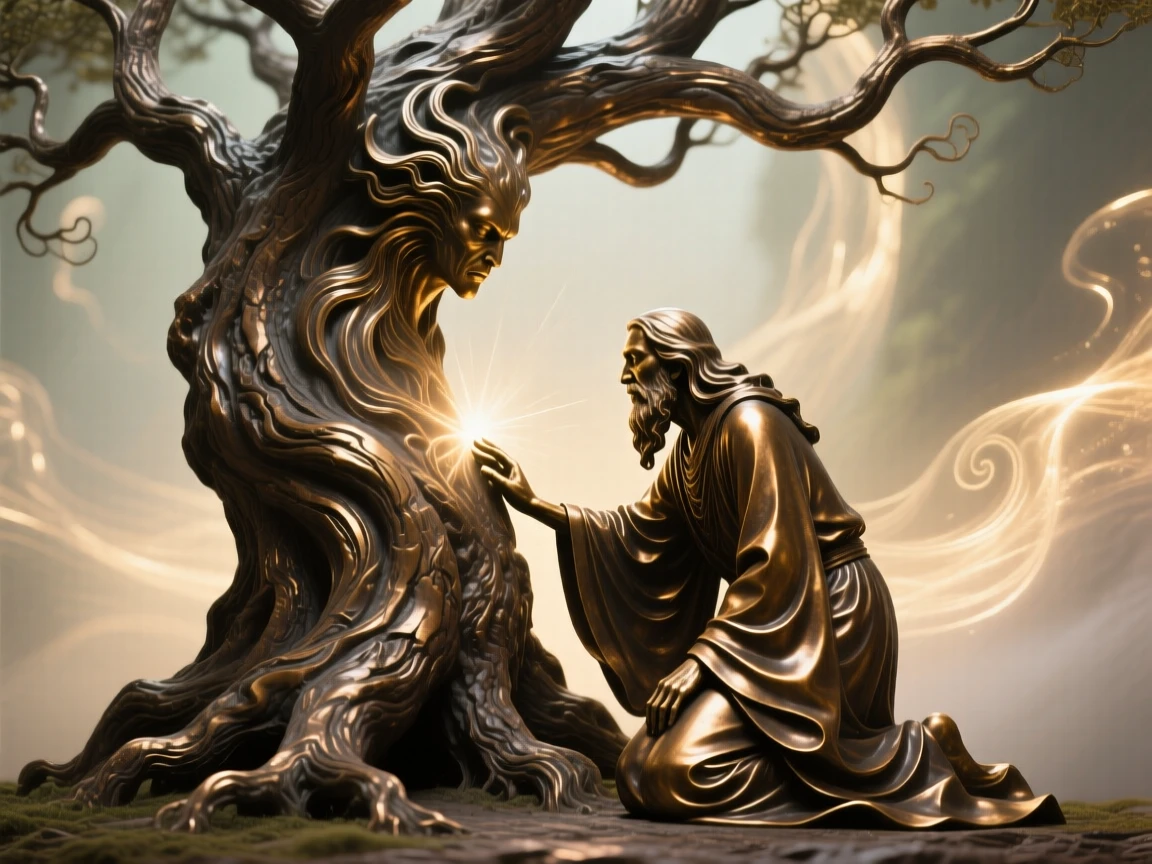 A druid communing with an ancient tree spirit, bathed in ethereal, otherworldly glow, radiating awe and grandeur