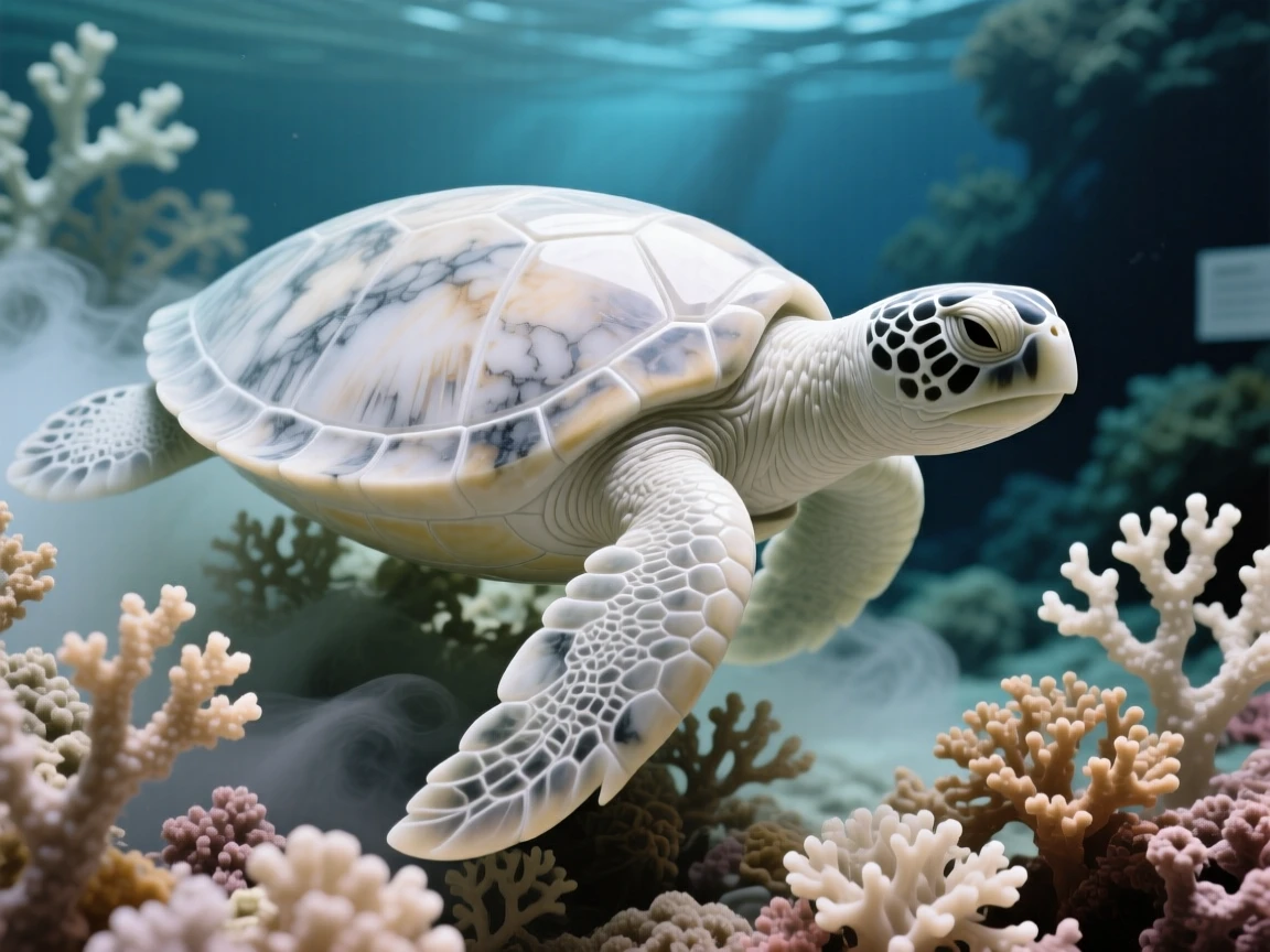 A striking close-up of a sea turtle gliding through coral reefs, full of life and grace, amid drifting mist at dawn
