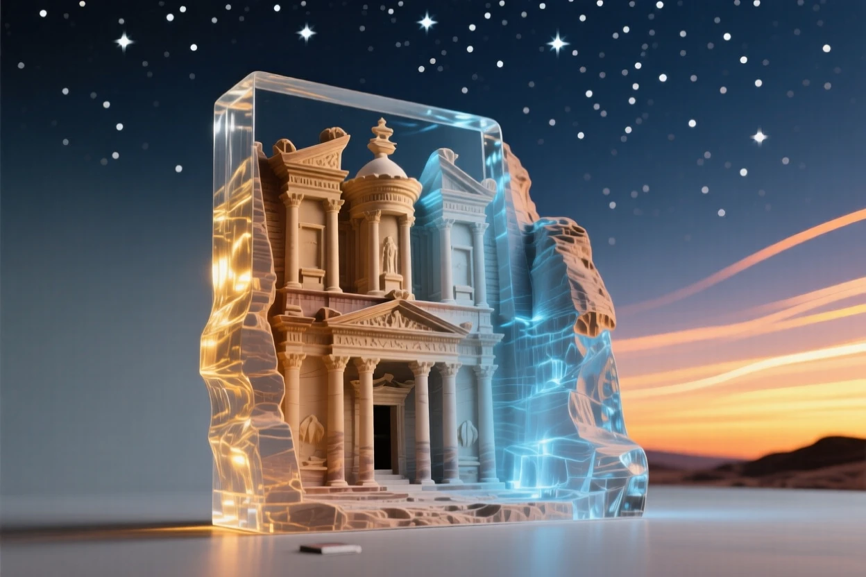 Petra's carved facade at sunrise under a starry night sky, long soft light trails in the distance, composition emphasizing scale and grandeur.