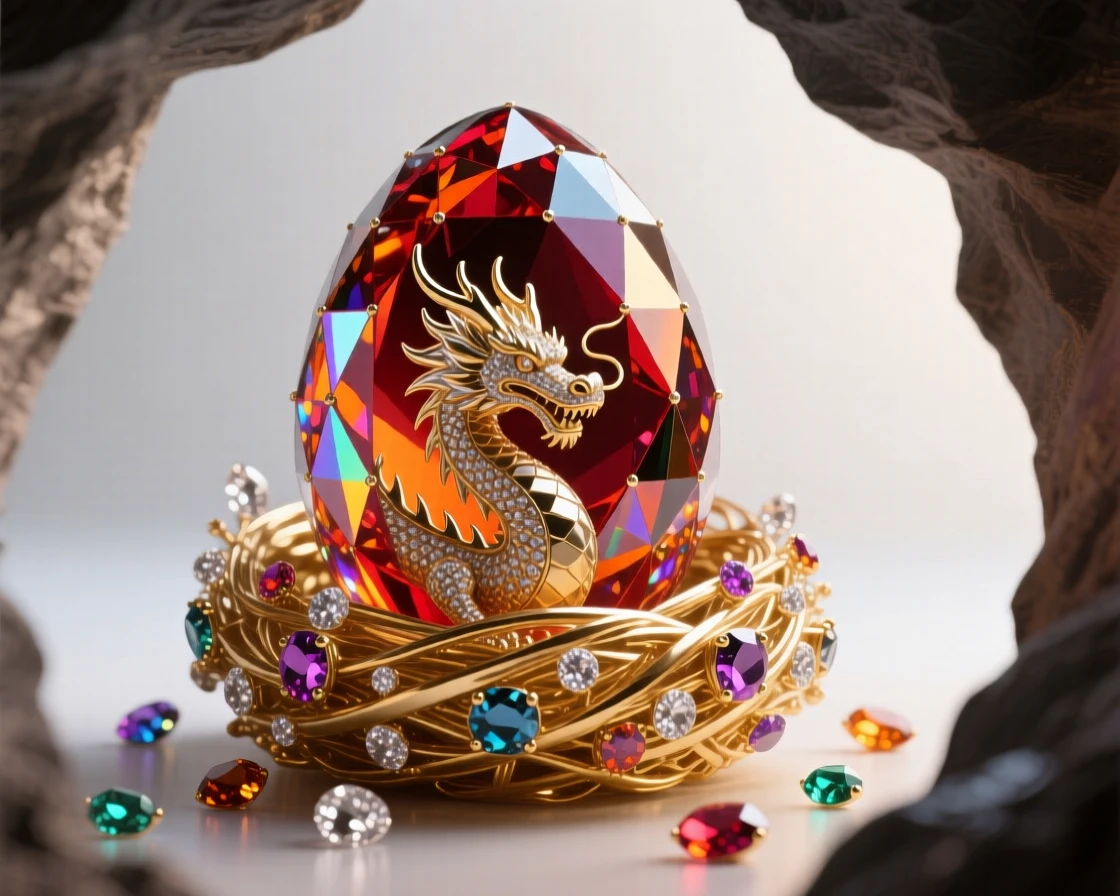 A dragon egg nestled in a nest of gold and gemstones inside a hidden cave.