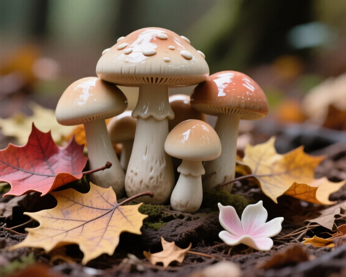 A cluster of mushrooms nestled among fallen leaves clustered together in natural harmony, surrounded by scattered fallen petals, conveying the quiet poetry of the natural world.