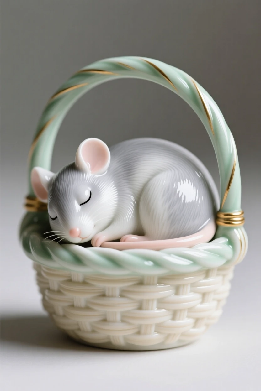 A tiny mouse curled up asleep in a woven basket, utterly charming and full of innocent wonder.