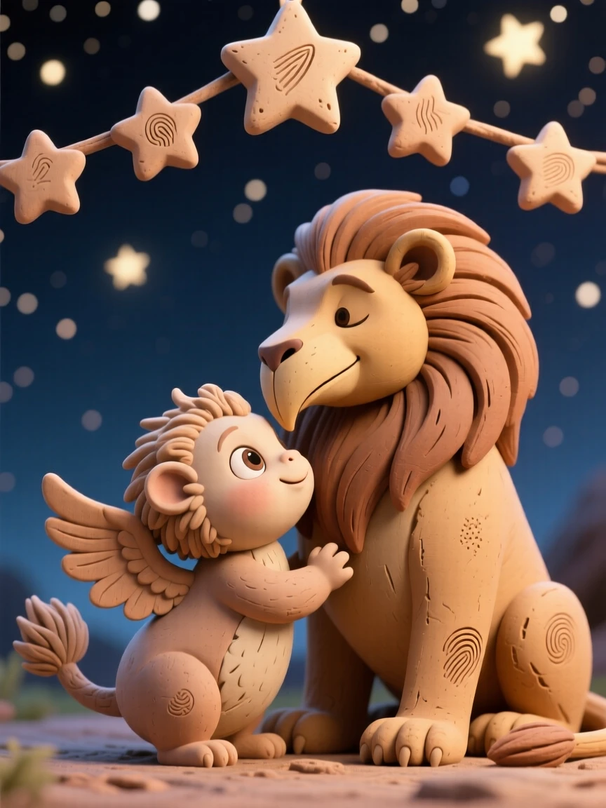 A baby griffin nuzzling its mother beneath a canopy of stars
