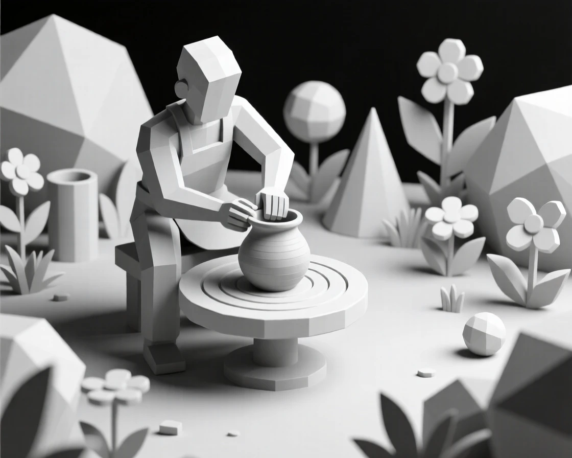 A potter shaping clay on a spinning wheel, amid a quiet, colorful garden. fine details highlight skill and craftsmanship. The atmosphere feels peaceful and mindful.