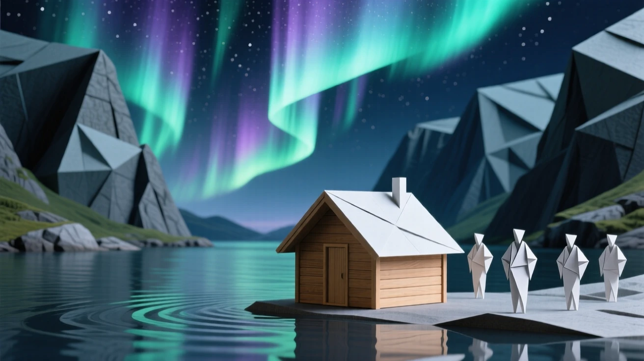 The Northern lights over the fjords of Norway with a lone wooden cabin beside still water.