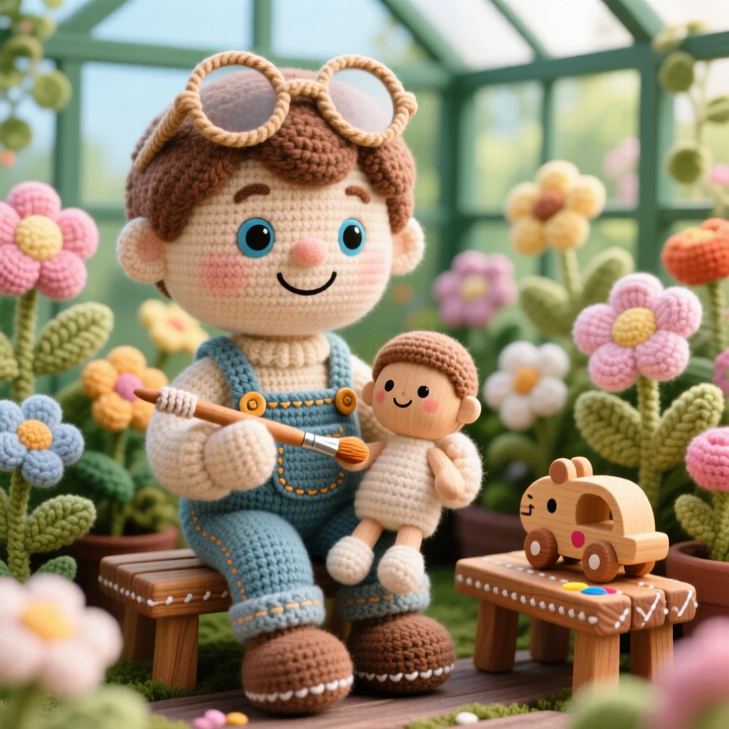a cheerful toy maker, with spectacles pushed up on his forehead, is captured painting the face of a wooden doll in a cheerful greenhouse filled with blooming flowers beside a small wooden toy left on a bench, radiating bright-eyed enthusiasm for a beloved craft.