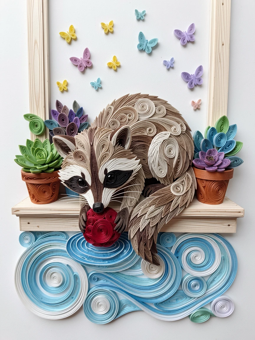a baby raccoon washing a berry in a stream, on a windowsill lined with potted succulents, shown from a gentle overhead perspective, with a scattering of tiny butterflies nearby.