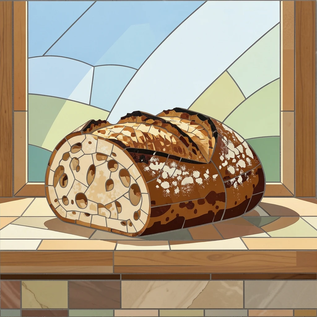 A rustic loaf of freshly baked sourdough bread cooling on a windowsill.