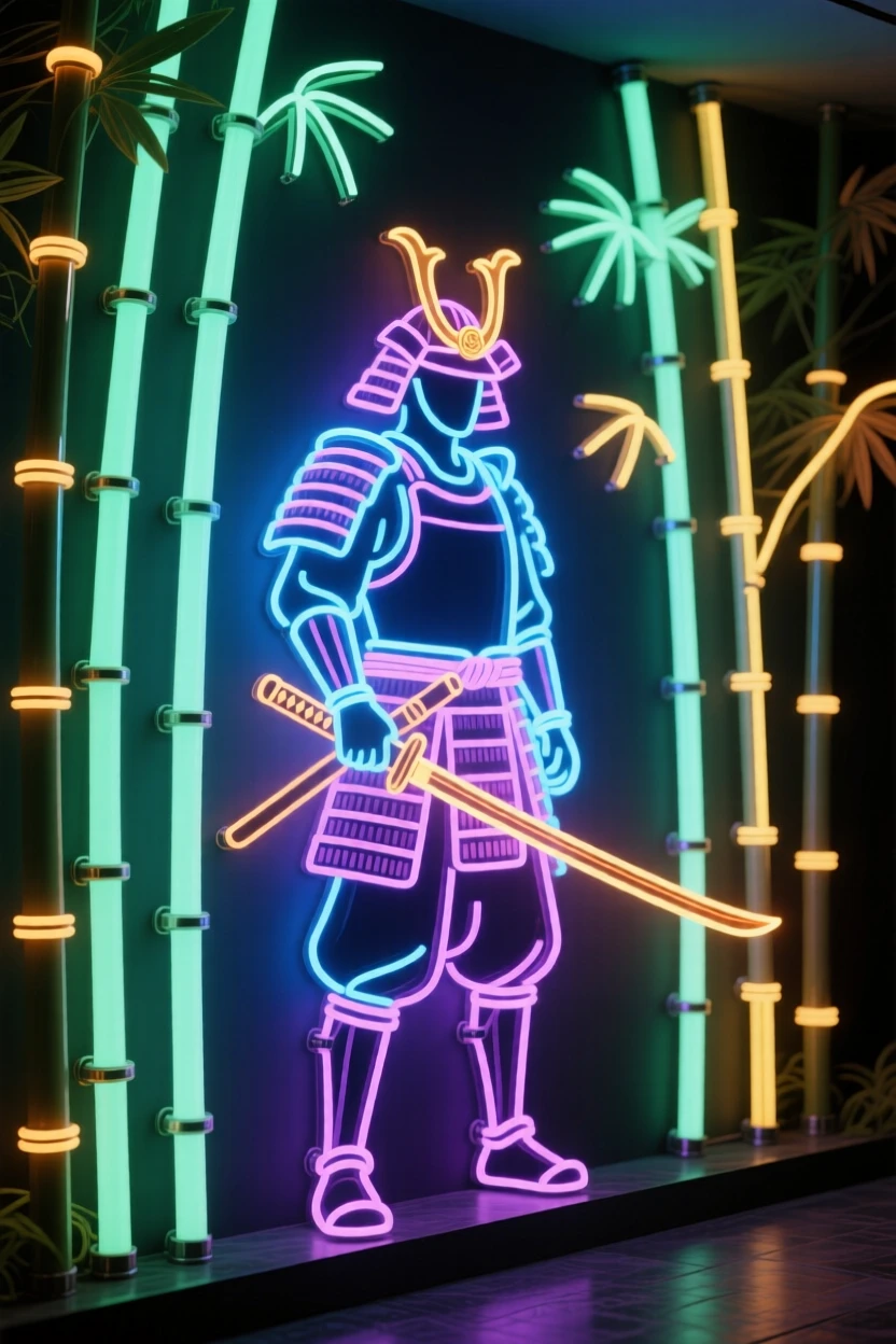 A detailed vignette of a samurai standing at the edge of a bamboo forest.