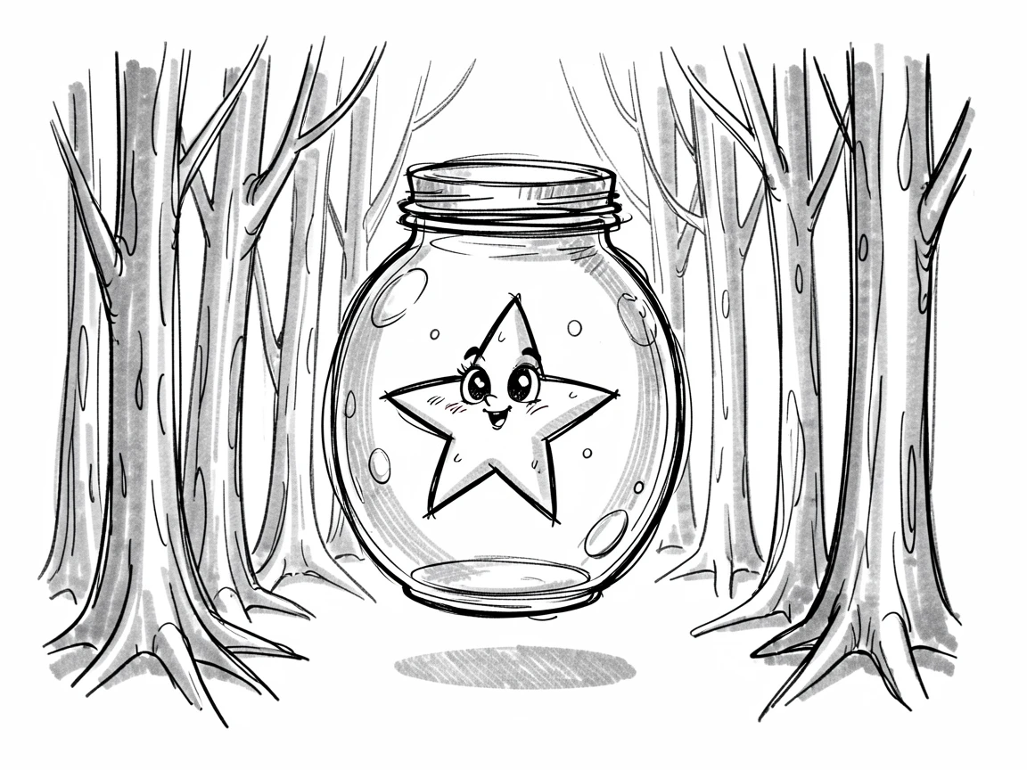 A star-shaped creature floating in a jar in a grove of silver trees.