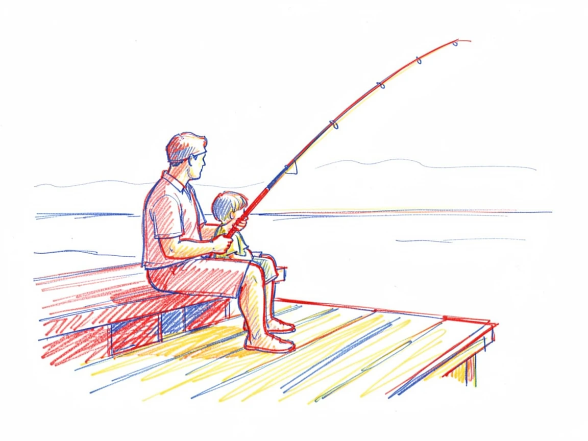 A father and son fishing together quietly from a dock at sunrise