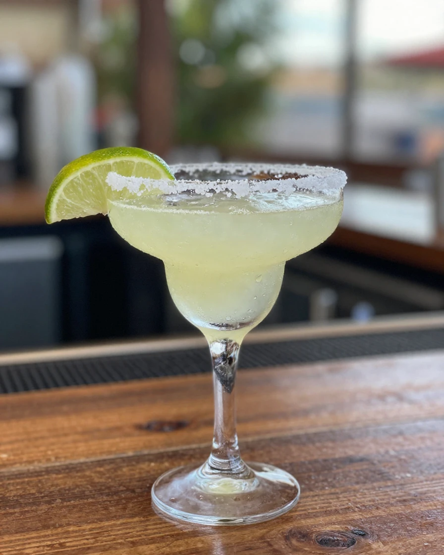 A margarita cocktail garnished with lime and salt