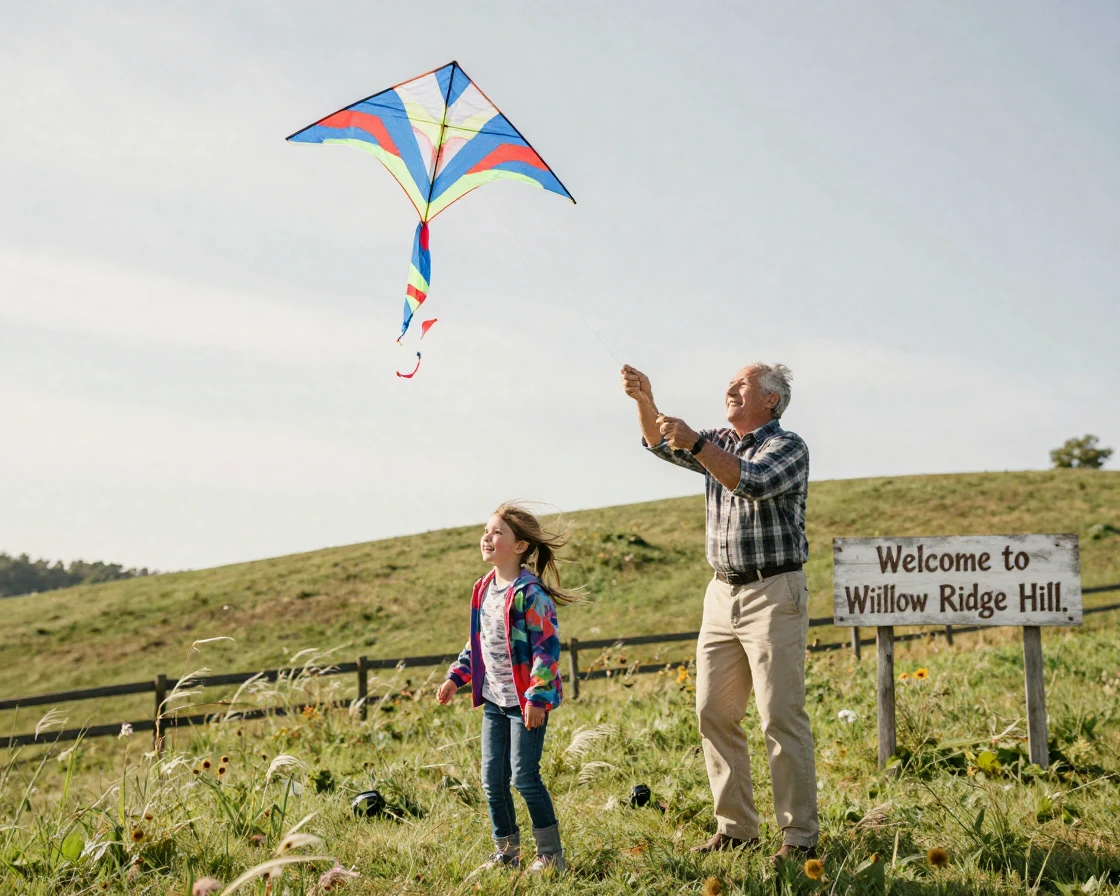 A grandfather and granddaughter fly a homemade kite on a windy hilltop.