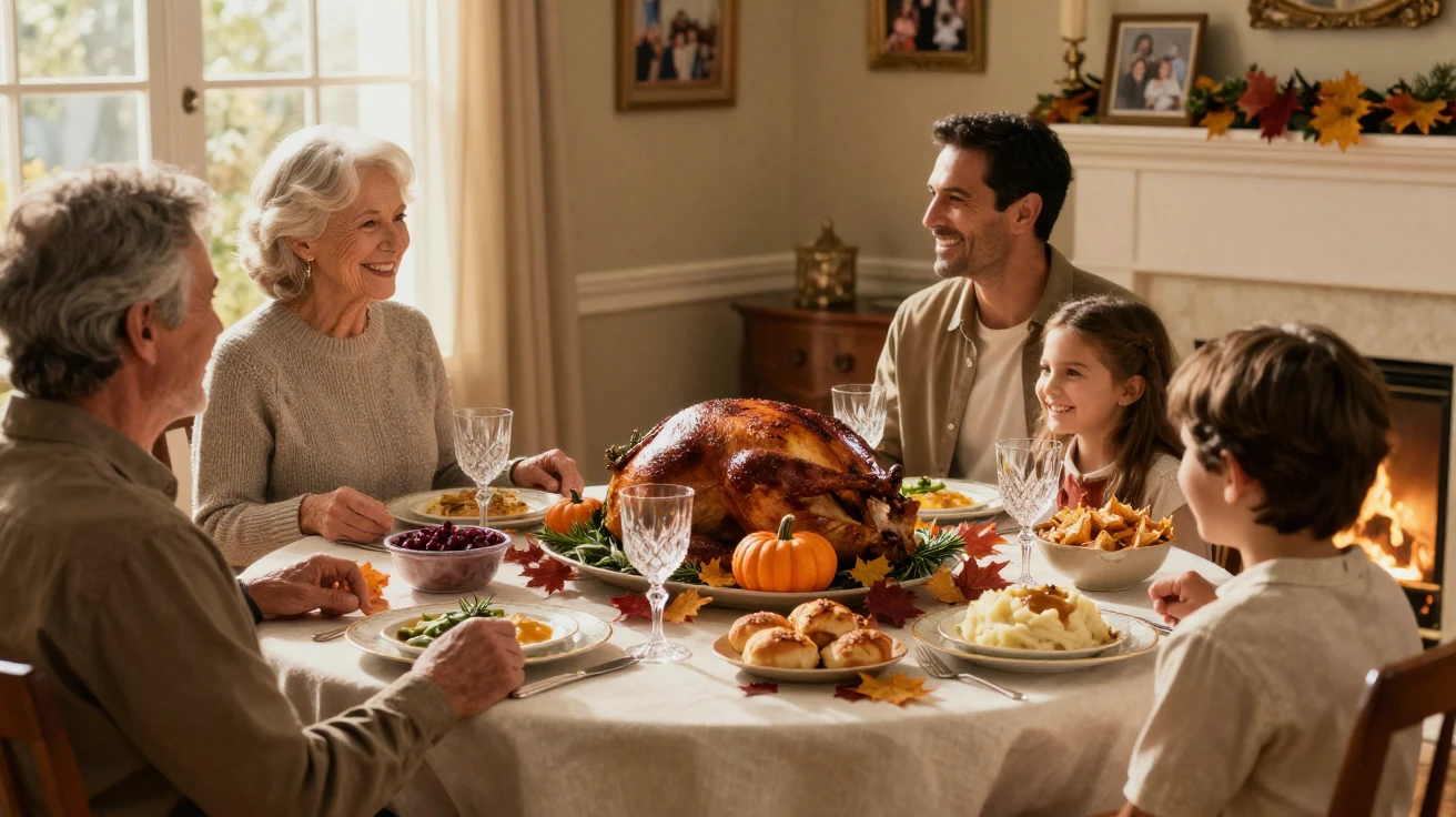 A table set for Thanksgiving dinner surrounded by three generations of family