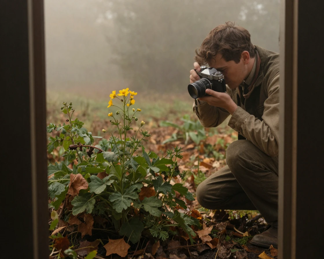A photographer crouched low to capture a wildflower close-up, in soft window light, in thick rolling fog, in late autumn, with deep emerald greens and browns, framed through an open doorway.