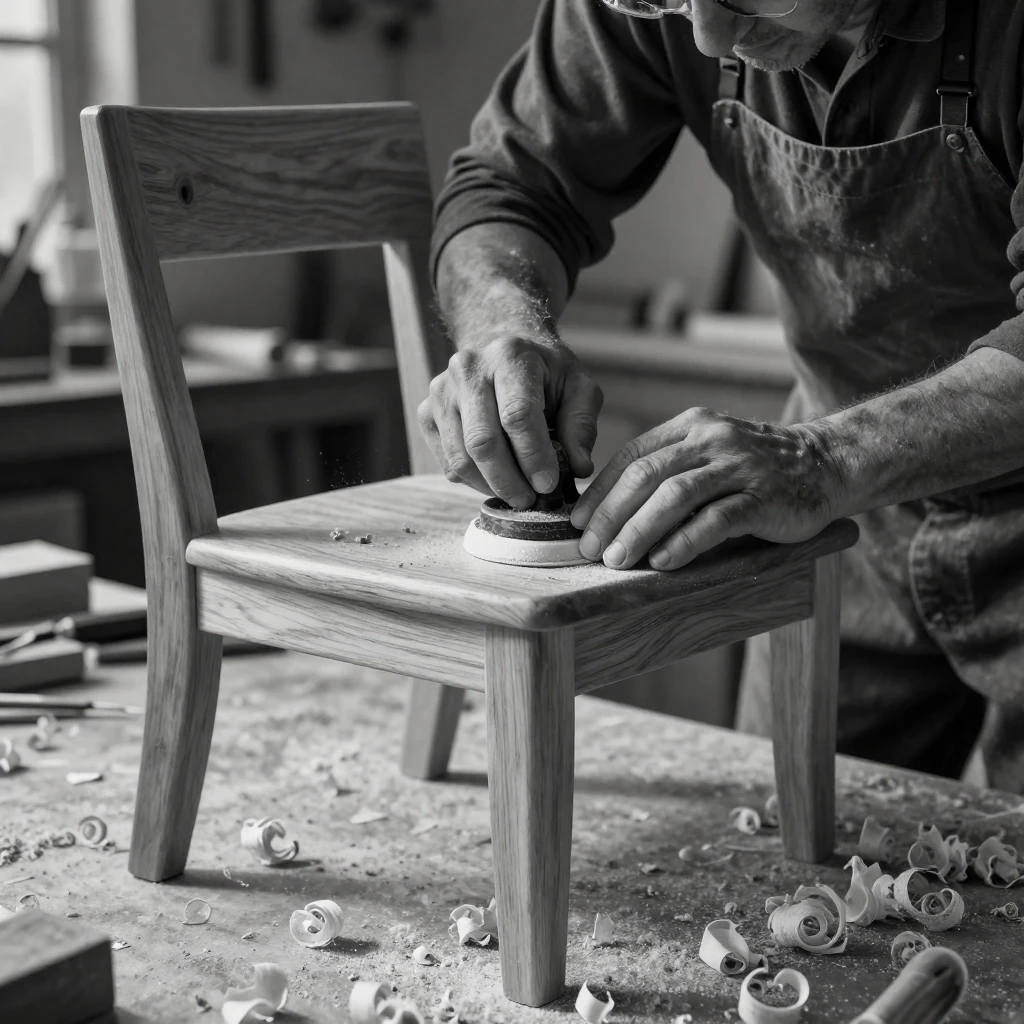 A carpenter sands a handmade wooden chair surrounded by curls of fresh wood shavings.
