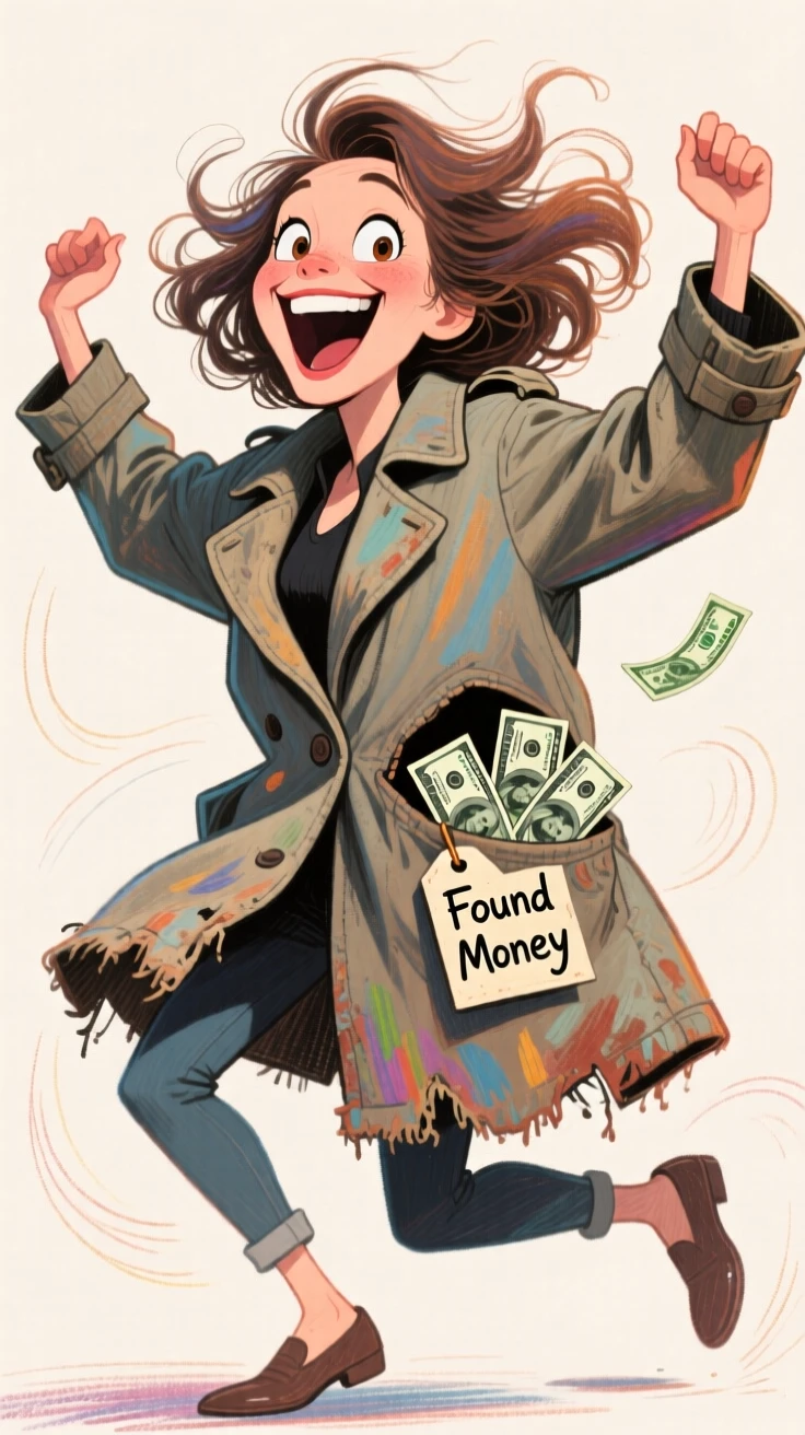 A woman doing a happy dance after finding money in an old coat pocket.