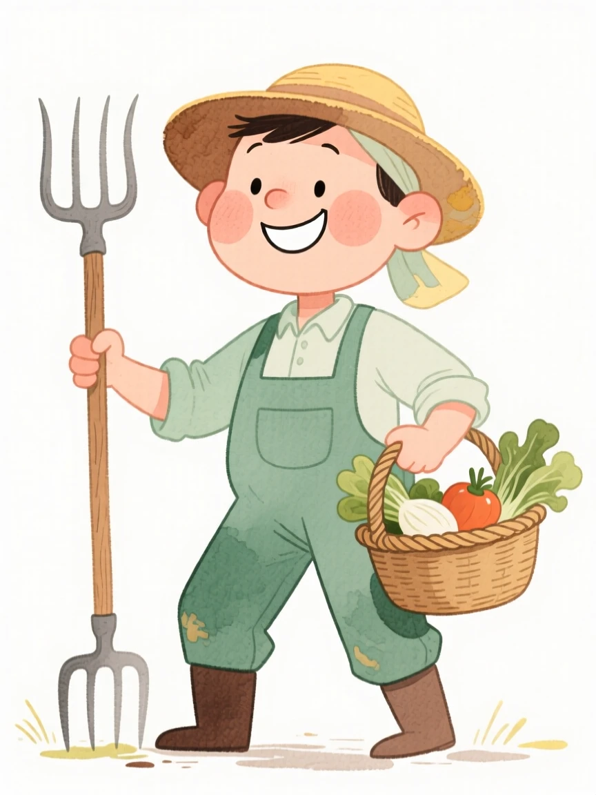 A farmer confidently at work, tools of the trade in hand