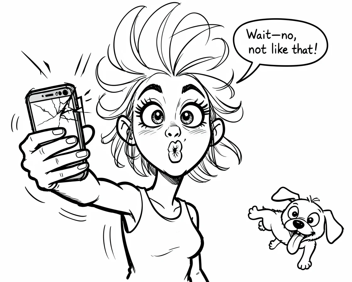 [Funny & Exaggerated Situations] Comical scene of a woman dramatically posing for a selfie that goes hilariously wrong, exaggerated for maximum laughs