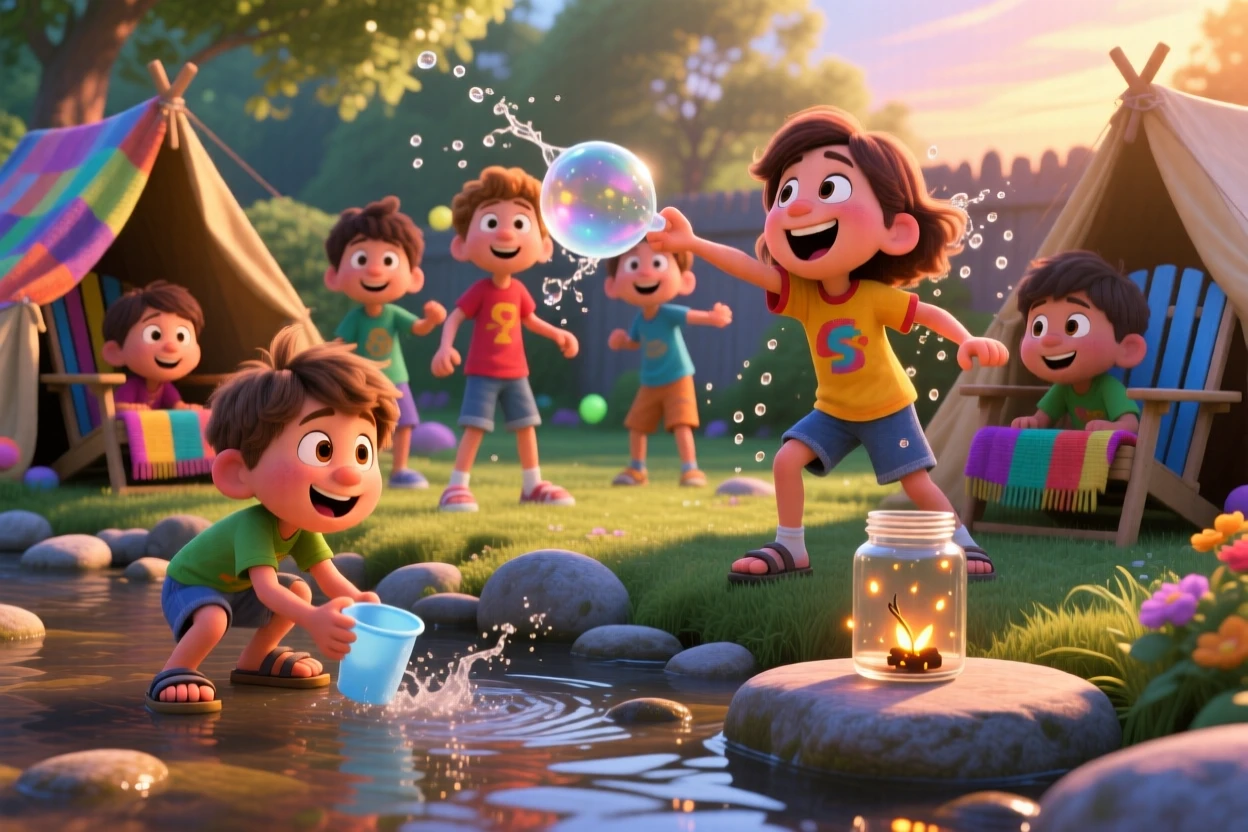 Kids having a water balloon fight in the backyard takes place beside a babbling creek lined with smooth stones, with a jar of fireflies glowing softly. The scene bursts with childhood wonder and delight.