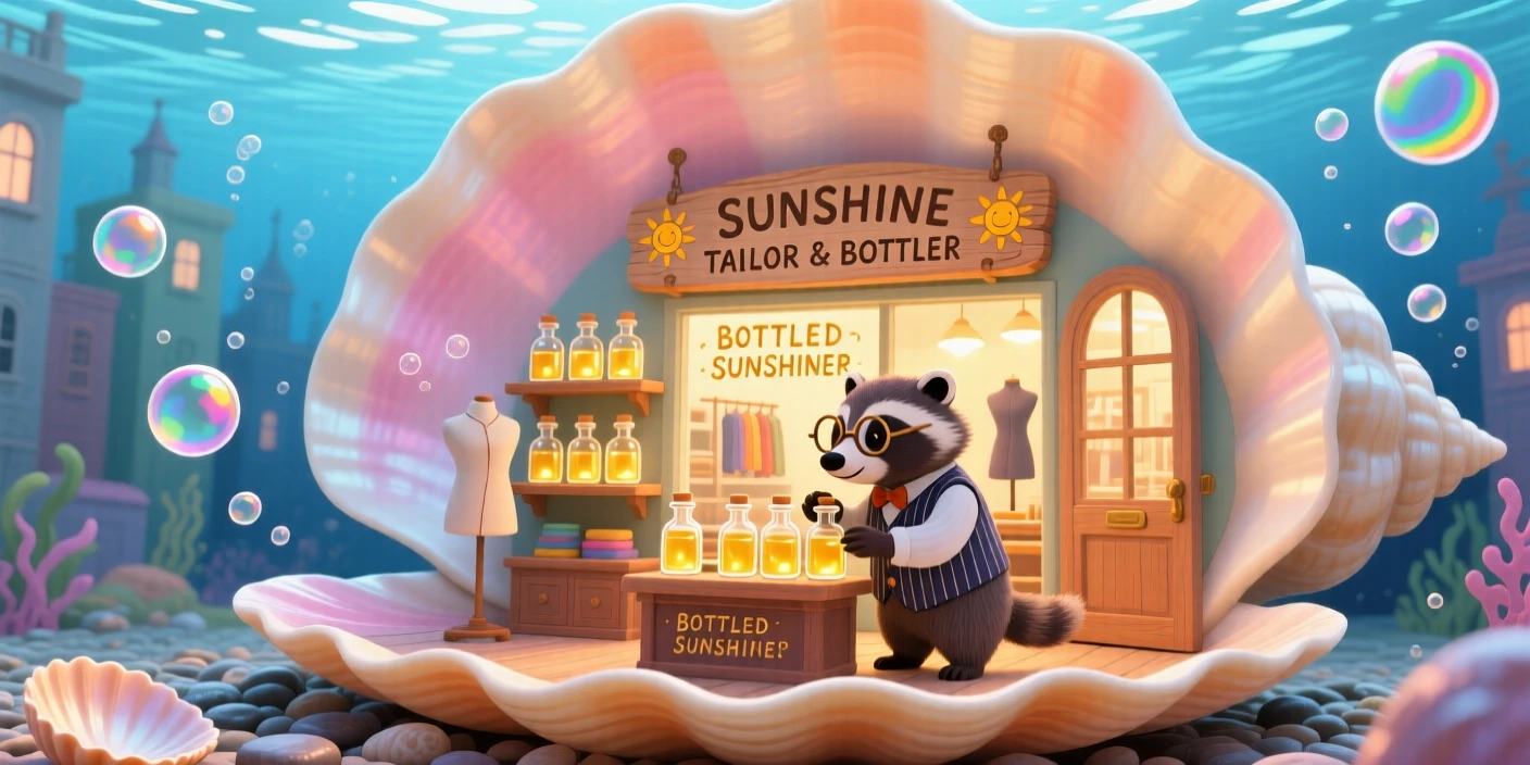 In a city built inside a giant seashell, a badger tailor spends the day keeping a shop that sells bottled sunshine, as tiny bubbles drift lazily by.